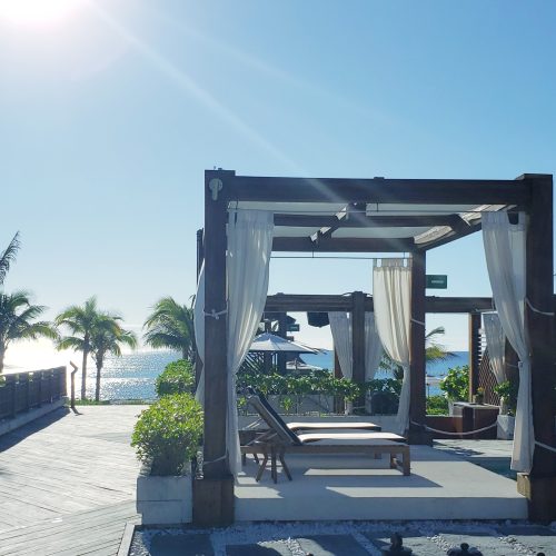 Hot summer day with hazy air from the heat of a sun, gazebo offers shelter from the heat